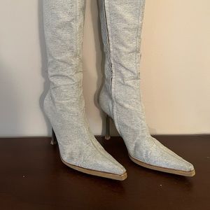 Light Denim knee high blue boots with metal heel